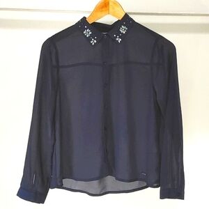 Hollister| Womans navy blue button up blouse with rhinestones